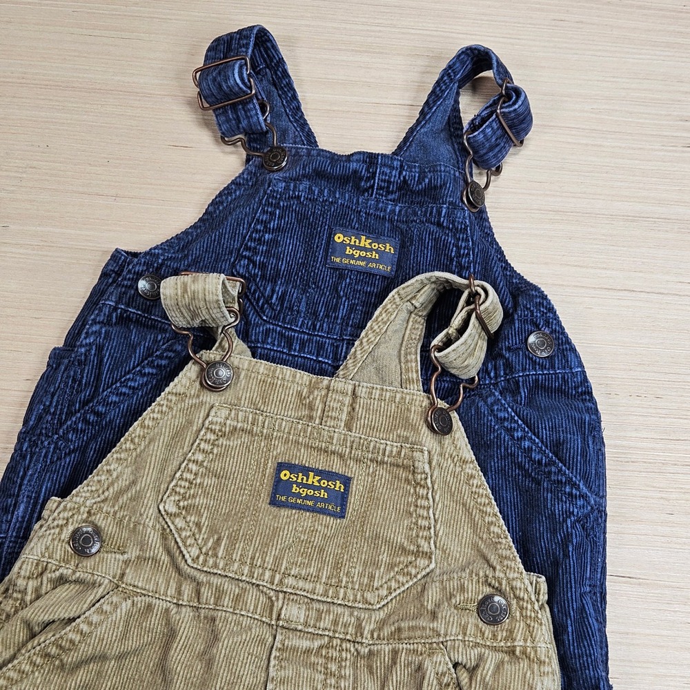 OshKosh B'gosh Corduroy Overalls Kids 12M Blue Tan Bundle Vintage Style Pants